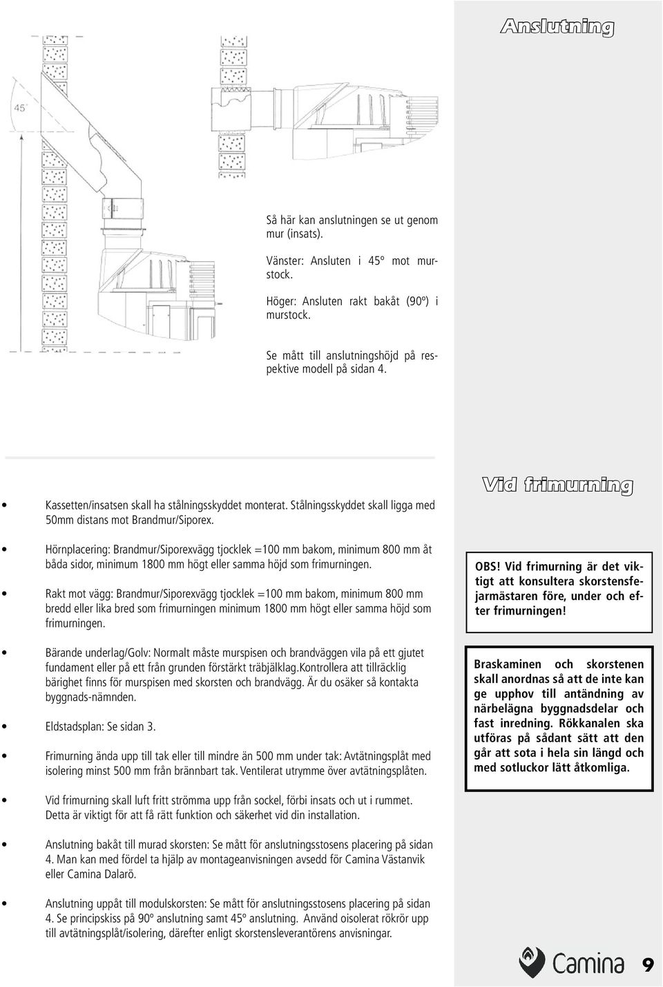 Hörnplacering: Brandmur/Siporexvägg tjocklek =100 mm bakom, minimum 800 mm åt båda sidor, minimum 1800 mm högt eller samma höjd som frimurningen.