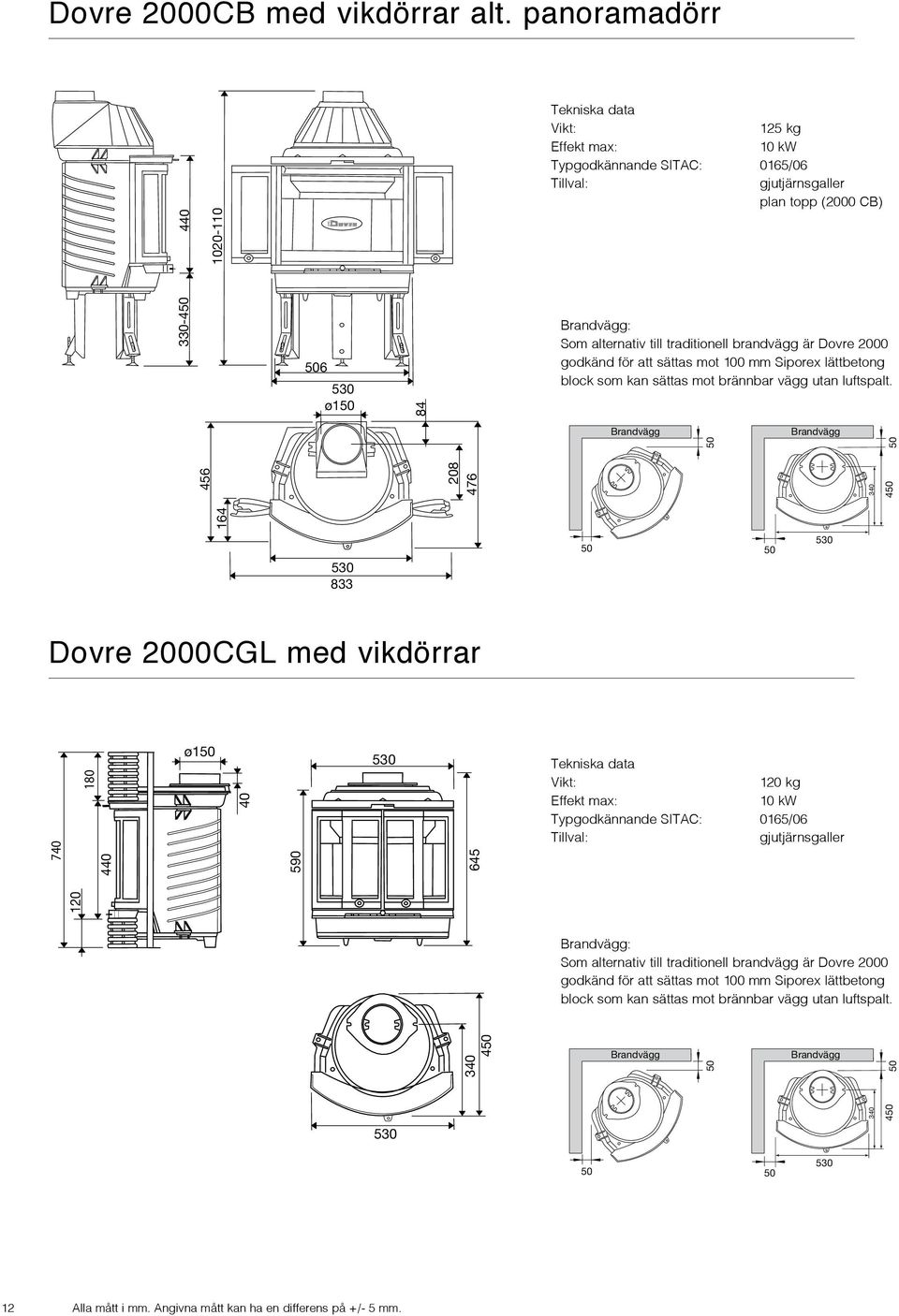 traditionell brandvägg är Dovre 2000 godkänd för att sättas mot 100 mm Siporex lättbetong block som kan sättas mot brännbar vägg utan luftspalt.