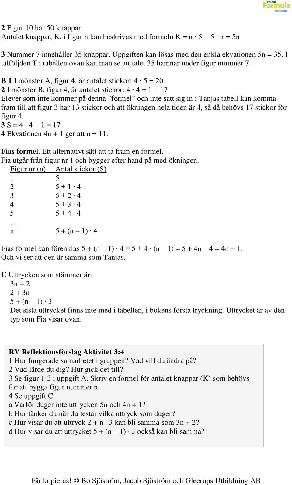 B 1 I mönster A, figur 4, är antalet stickor: 4 5 = 20 2 I mönster B, figur 4, är antalet stickor: 4 4 + 1 = 17 Elever som inte kommer på denna formel och inte satt sig in i Tanjas tabell kan komma