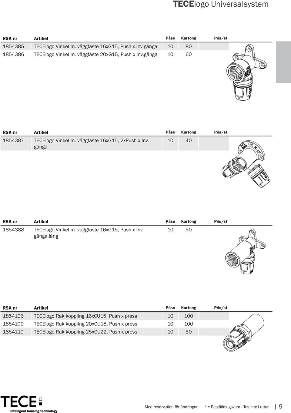 gänga 10 40 RSK nr Artikel Påse Kartong Pris/st 1854388 TECElogo Vinkel m. väggfäste 16xG15, Push x Inv.