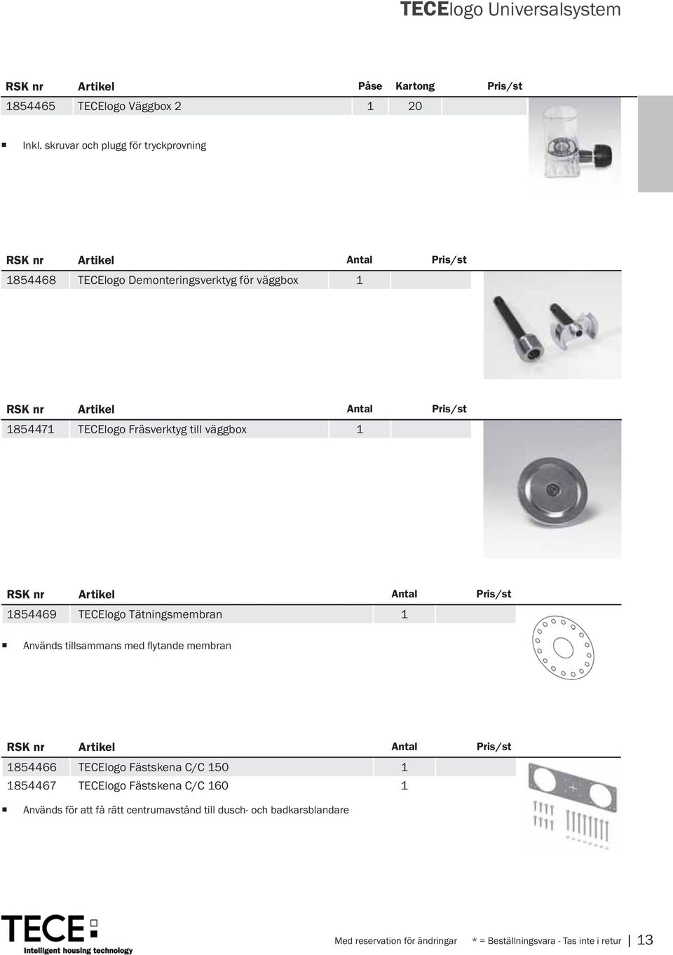 väggbox 1 1854469 TECElogo Tätningsmembran 1 1854466 TECElogo Fästskena C/C 150 1 1854467 TECElogo Fästskena C/C 160 1