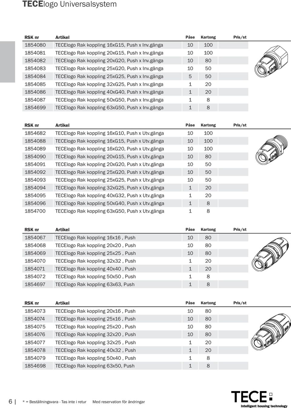 gänga 5 50 1854085 TECElogo Rak koppling 32xG25, Push x Inv.gänga 1 20 1854086 TECElogo Rak koppling 40xG40, Push x Inv.gänga 1 20 1854087 TECElogo Rak koppling 50xG50, Push x Inv.