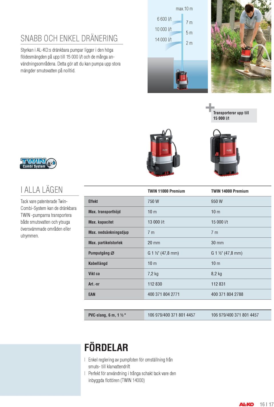 10 m 7 m 5 m 2 m Transporterar upp till 15 000 l/t i alla lägen TWIN 11000 Premium TWIN 14000 Premium Tack vare patenterade Twin- Combi-System kan de dränkbara TWIN -pumparna transportera både