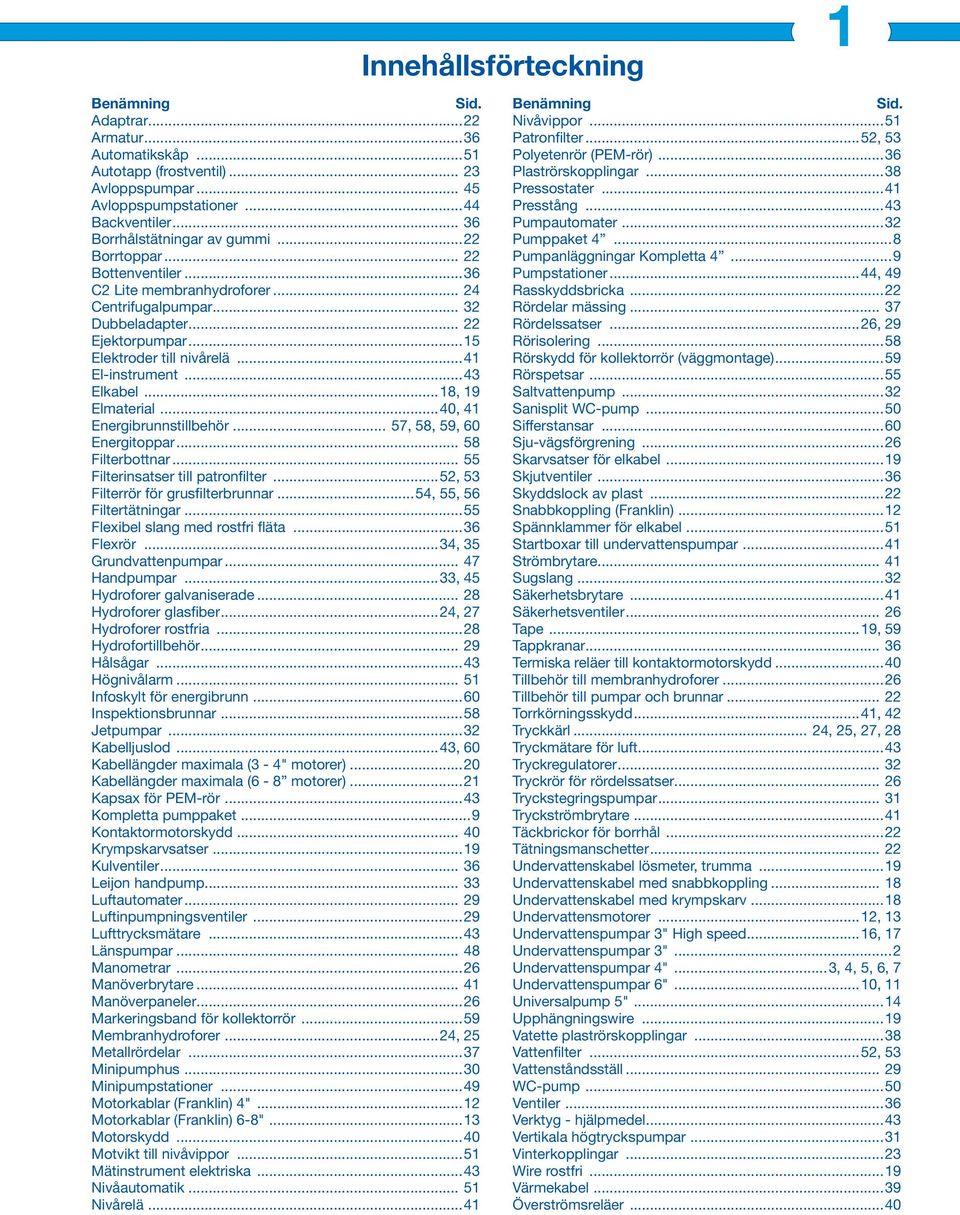 ..40, 41 Energibrunnstillbehör... 57, 58, 59, 60 Energitoppar... 58 Filterbottnar... 55 Filterinsatser till patronfilter...52, 53 Filterrör för grusfilterbrunnar...54, 55, 56 Filtertätningar.