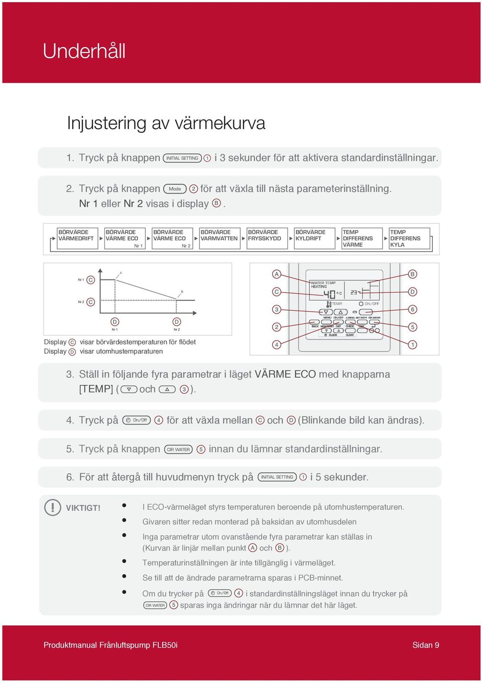 ON/OFF Nr 1 Nr 2 Display Display visar börvärdestemperaturen för fl ödet visar utomhustemparaturen 3. Ställ in följande fyra parametrar i läget VÄRME ECO med knapparna [TEMP] ( och ). 4.