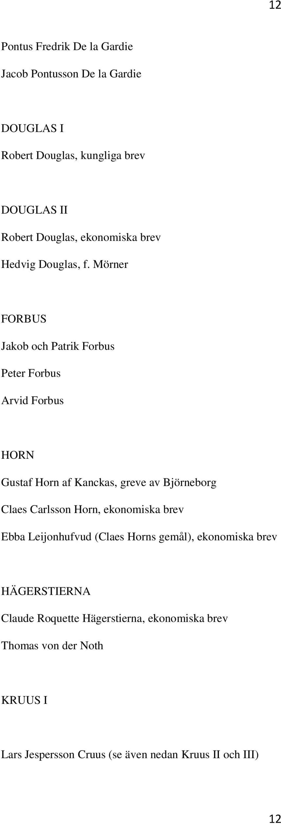 Mörner FORBUS Jakob och Patrik Forbus Peter Forbus Arvid Forbus HORN Gustaf Horn af Kanckas, greve av Björneborg Claes Carlsson