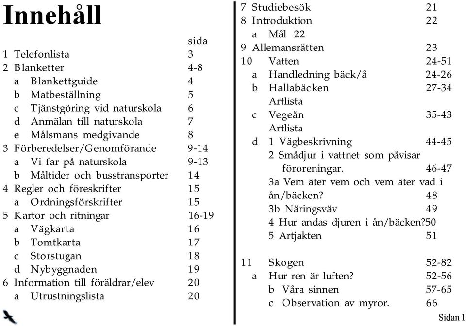 Nybyggnaden 19 6 Information till föräldrar/elev 20 a Utrustningslista 20 7 Studiebesök 21 8 Introduktion 22 a Mål 22 9 Allemansrätten 23 10 Vatten 24-51 a Handledning bäck/å 24-26 b Hallabäcken