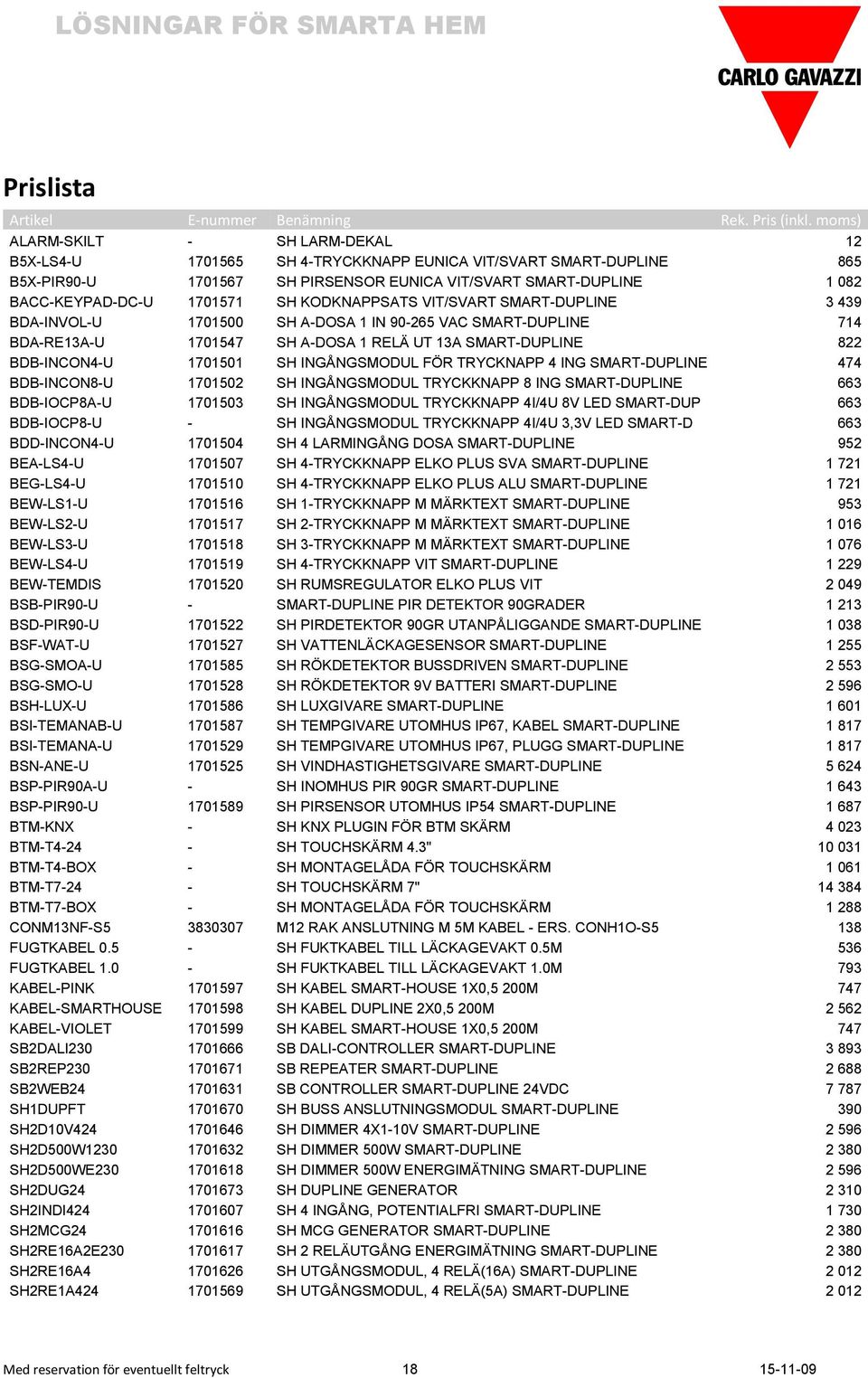 1701571 SH KODKNAPPSATS VIT/SVART SMART-DUPLINE 3 439 BDA-INVOL-U 1701500 SH A-DOSA 1 IN 90-265 VAC SMART-DUPLINE 714 BDA-RE13A-U 1701547 SH A-DOSA 1 RELÄ UT 13A SMART-DUPLINE 822 BDB-INCON4-U