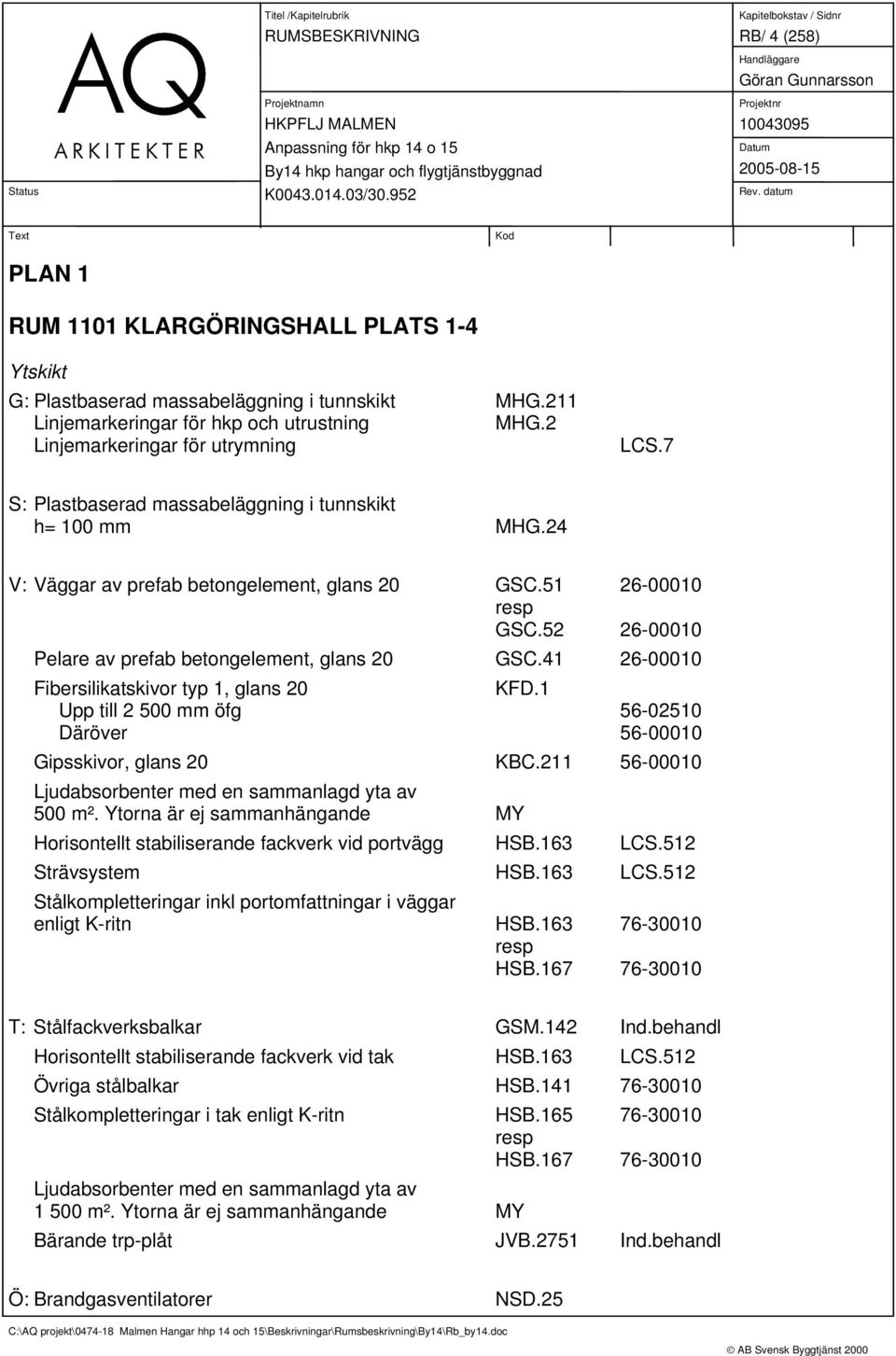 41 26-00010 Fibersilikatskivor typ 1, glans 20 KFD.1 Upp till 2 500 mm öfg 56-02510 Däröver 56-00010 Gipsskivor, glans 20 KBC.211 56-00010 Ljudabsorbenter med en sammanlagd yta av 500 m².