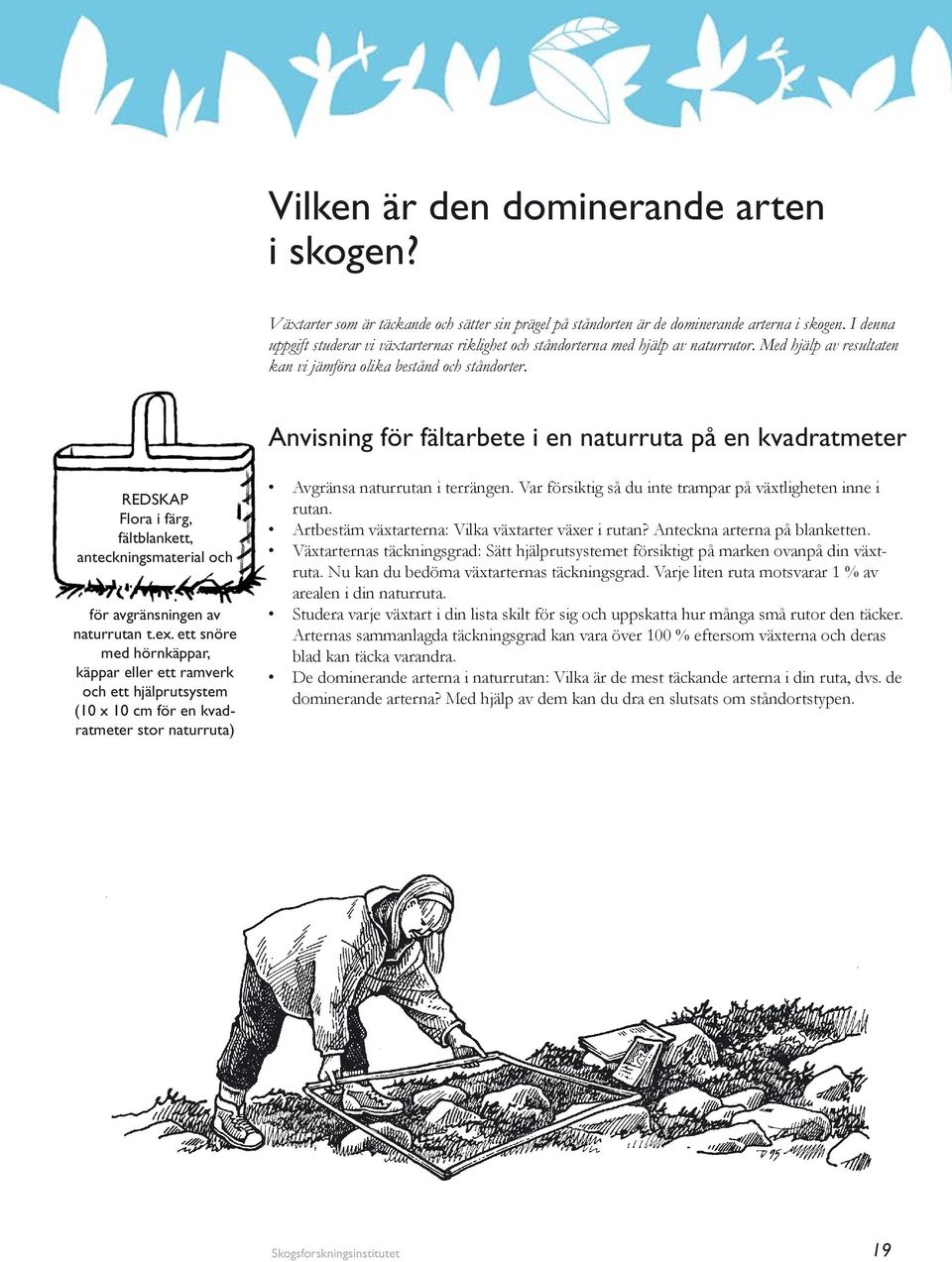 Anvisning för fältarbete i en naturruta på en kvadratmeter REDSKAP Flora i färg, fältblankett, anteckningsmaterial och för avgränsningen av naturrutan t.ex.