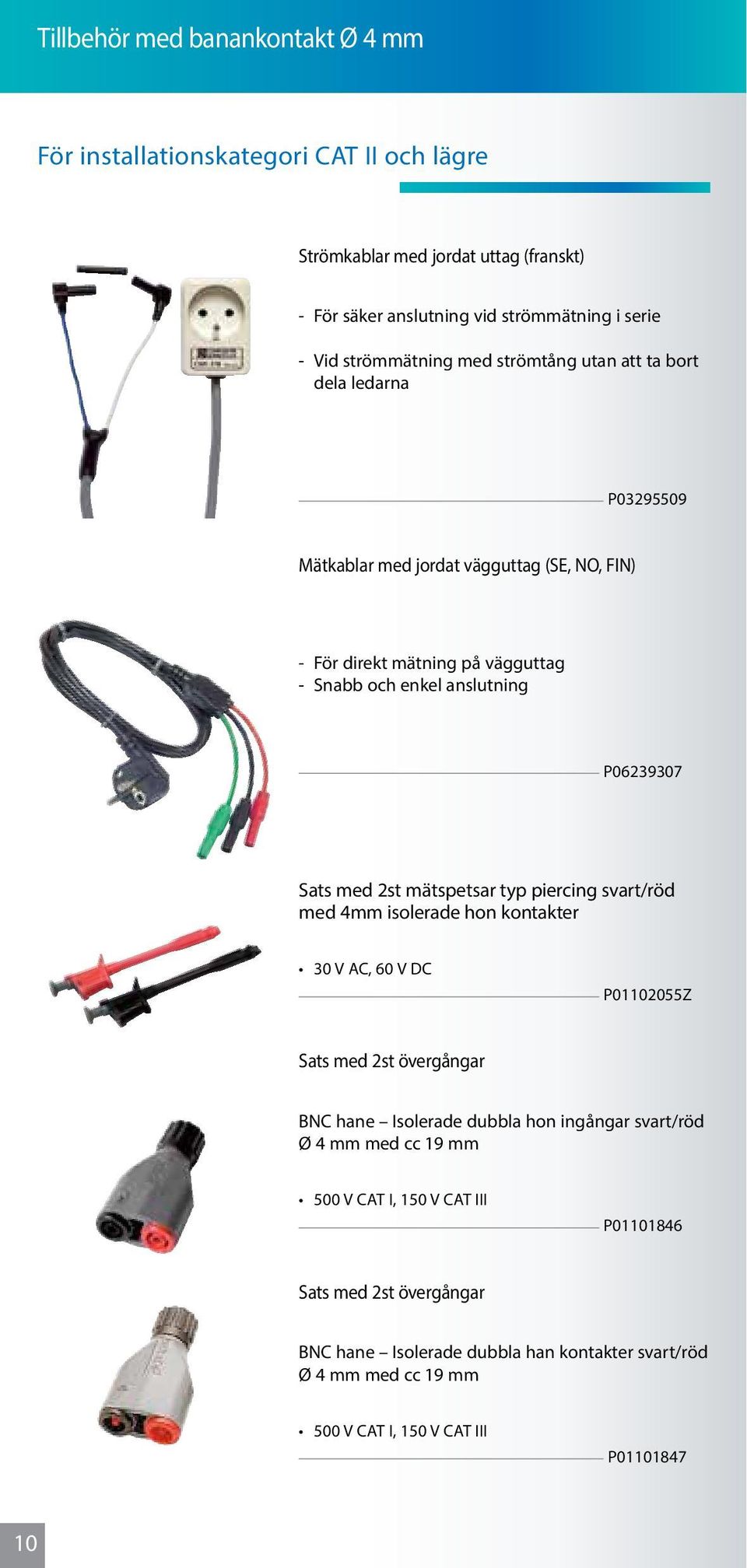 enkel anslutning P06239307 Sats med 2st mätspetsar typ piercing svart/röd med 4mm isolerade hon kontakter P01102055Z Sats med 2st övergångar BNC hane Isolerade