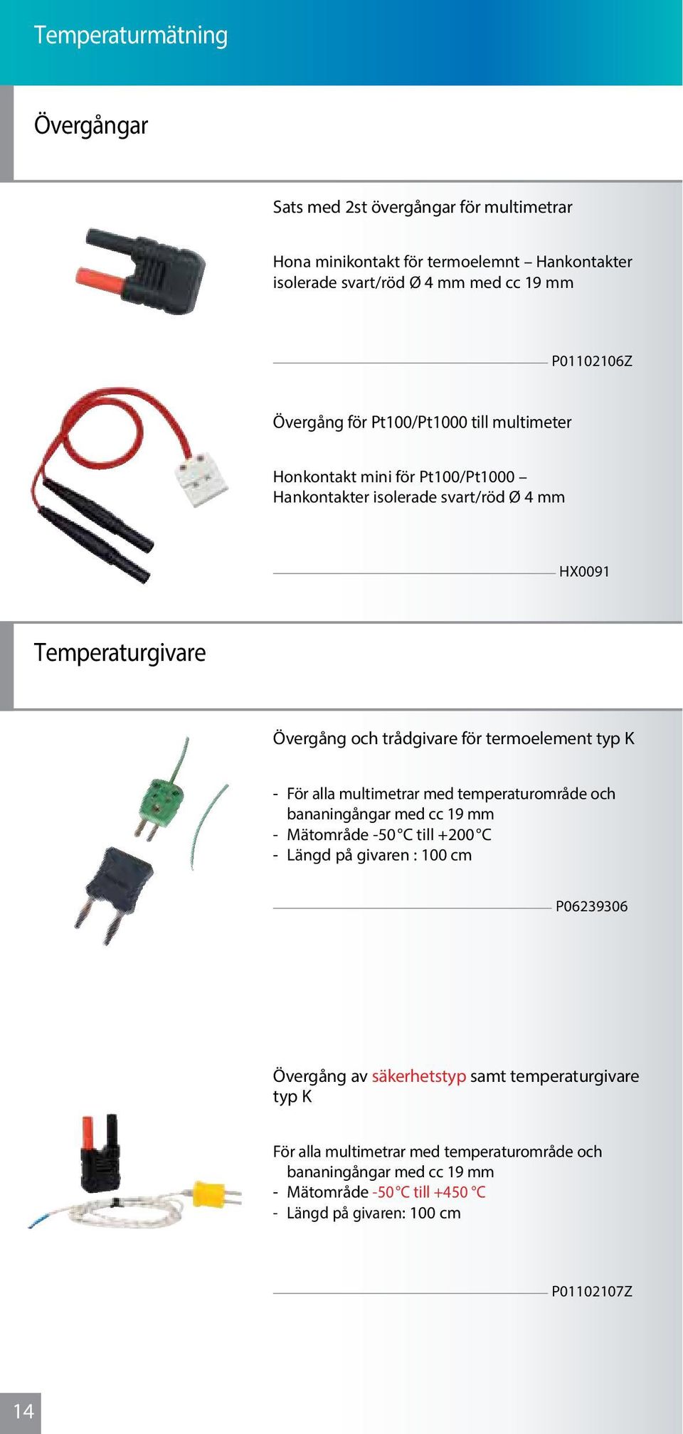 termoelement typ K - För alla multimetrar med temperaturområde och bananingångar med cc 19 mm - Mätområde -50 C till +200 C - Längd på givaren : 100 cm P06239306 Övergång