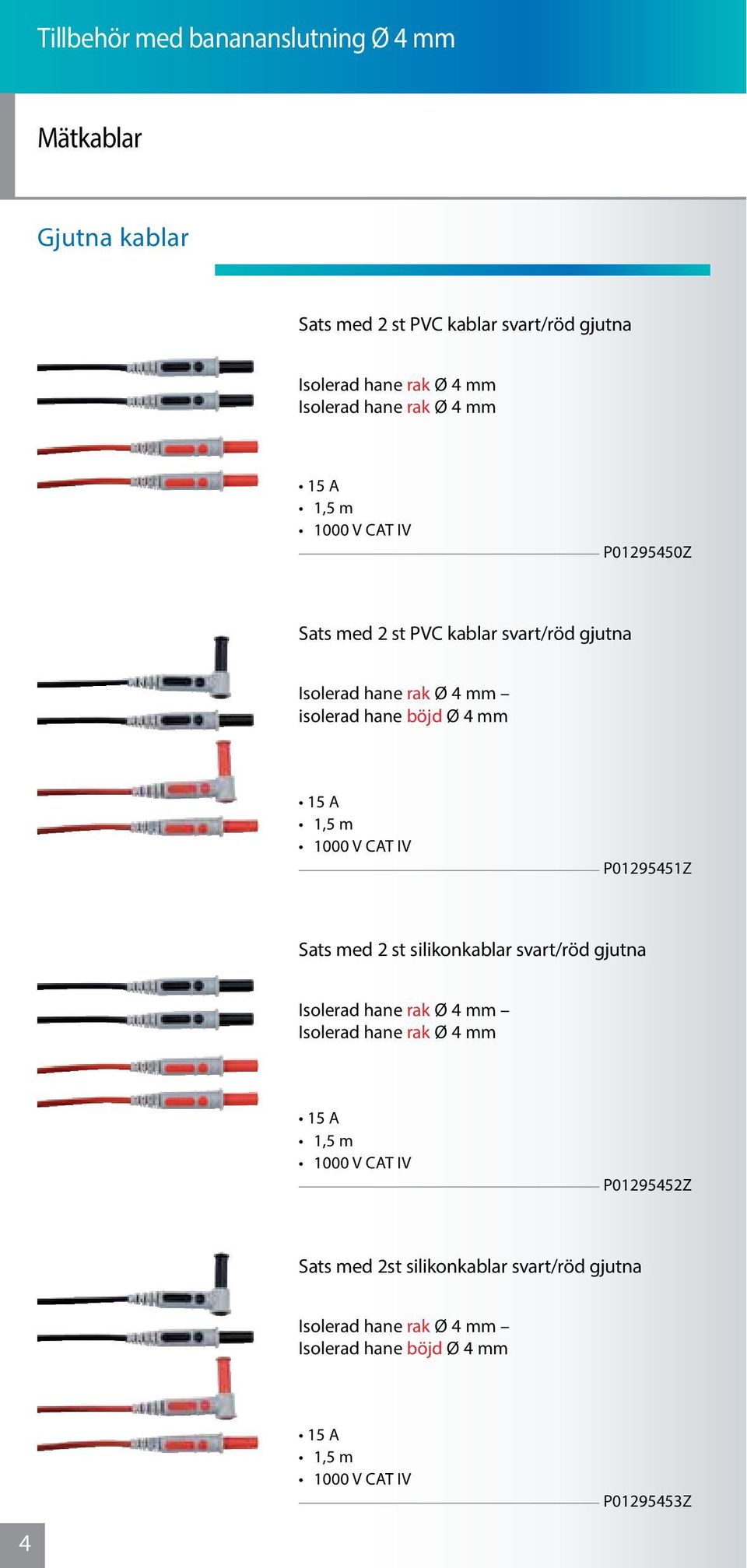 hane böjd Ø 4 mm P01295451Z Sats med 2 st silikonkablar svart/röd gjutna Isolerad hane rak Ø 4 mm Isolerad hane rak Ø 4