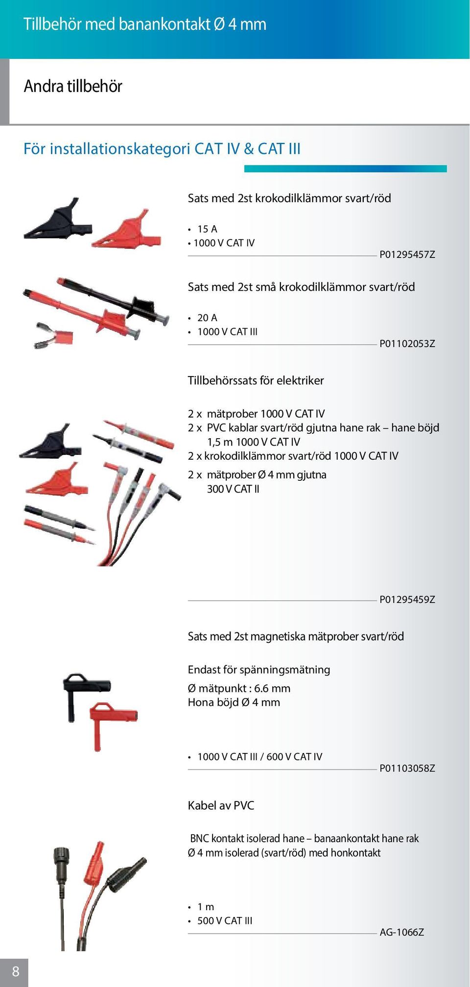 IV 2 x krokodilklämmor svart/röd 1000 V CAT IV 2 x mätprober Ø 4 mm gjutna 300 V CAT II P01295459Z Sats med 2st magnetiska mätprober svart/röd Endast för