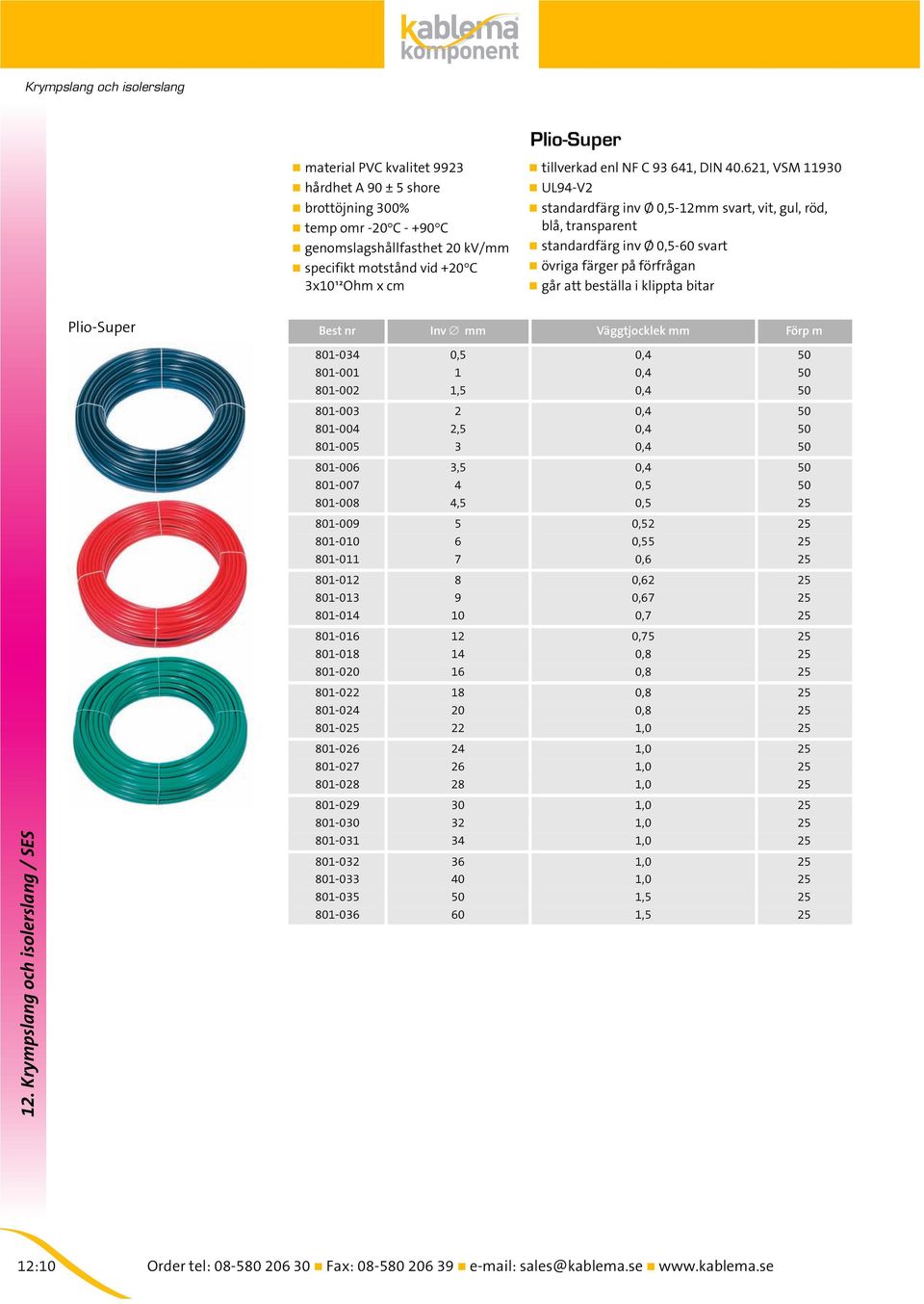 621, VSM 11930 UL94-V2 standardfärg inv Ø 0,5-12mm svart, vit, gul, röd, blå, transparent standardfärg inv Ø 0,5-60 svart övriga färger på förfrågan går att beställa i klippta bitar Plio-Super