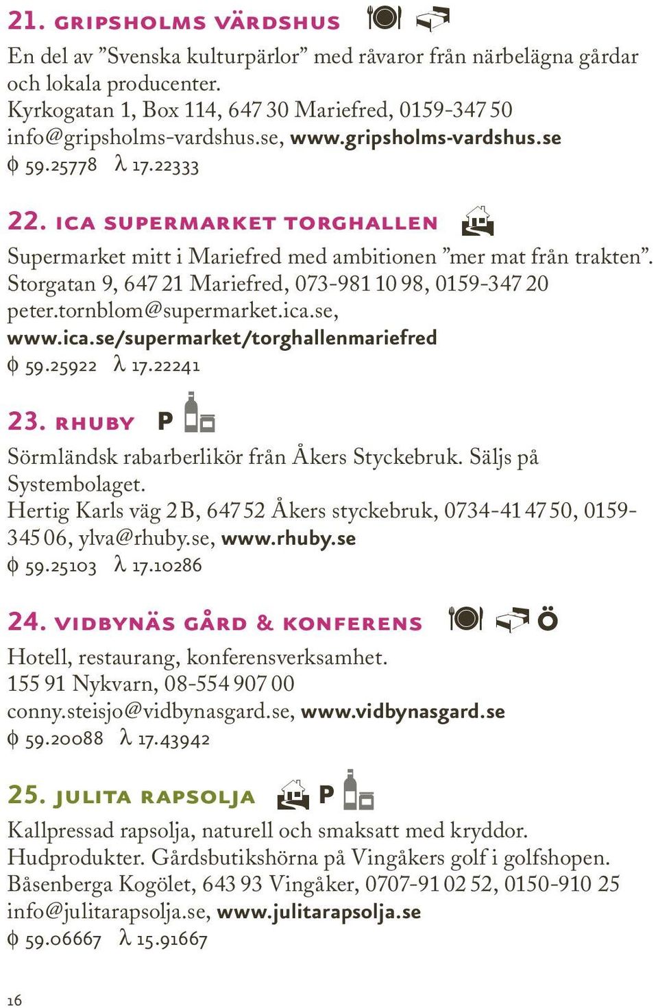 Storgatan 9, 647 21 Mariefred, 073-981 10 98, 0159-347 20 peter.tornblom@supermarket.ica.se, www.ica.se/supermarket/torghallenmariefred φ 59.25922 λ 17.22241 23.