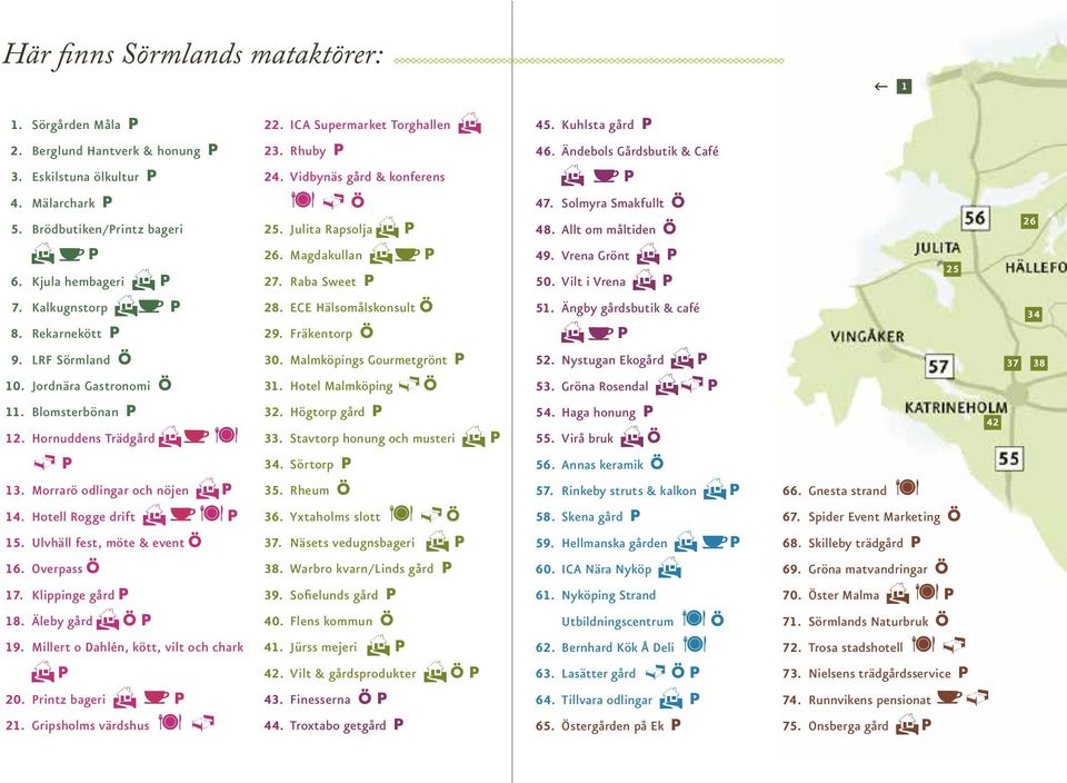 Ulvhäll fest, möte & event Ö 16. Overpass Ö 17. Klippinge gård P 18. Äleby gård H Ö P 19. Millert o Dahlén, kött, vilt och chark H P 20. Printz bageri H P 21. Gripsholms värdshus ä 22.