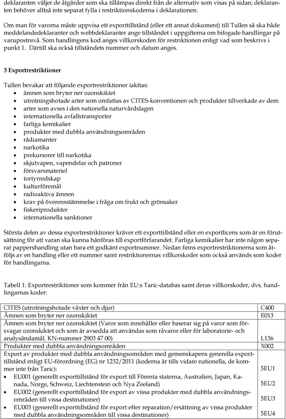 på varupostnivå. Som handlingens kod anges villkorskoden för restriktionen enligt vad som beskrivs i punkt 1. Därtill ska också tillståndets nummer och datum anges.