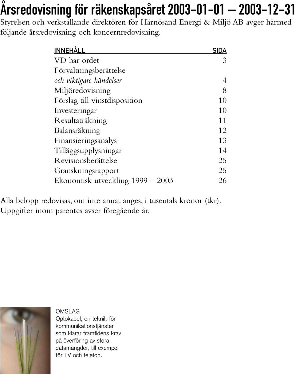 Finansieringsanalys 13 Tilläggsupplysningar 14 Revisionsberättelse 25 Granskningsrapport 25 Ekonomisk utveckling 1999 2003 26 Alla belopp redovisas, om inte annat anges, i tusentals kronor