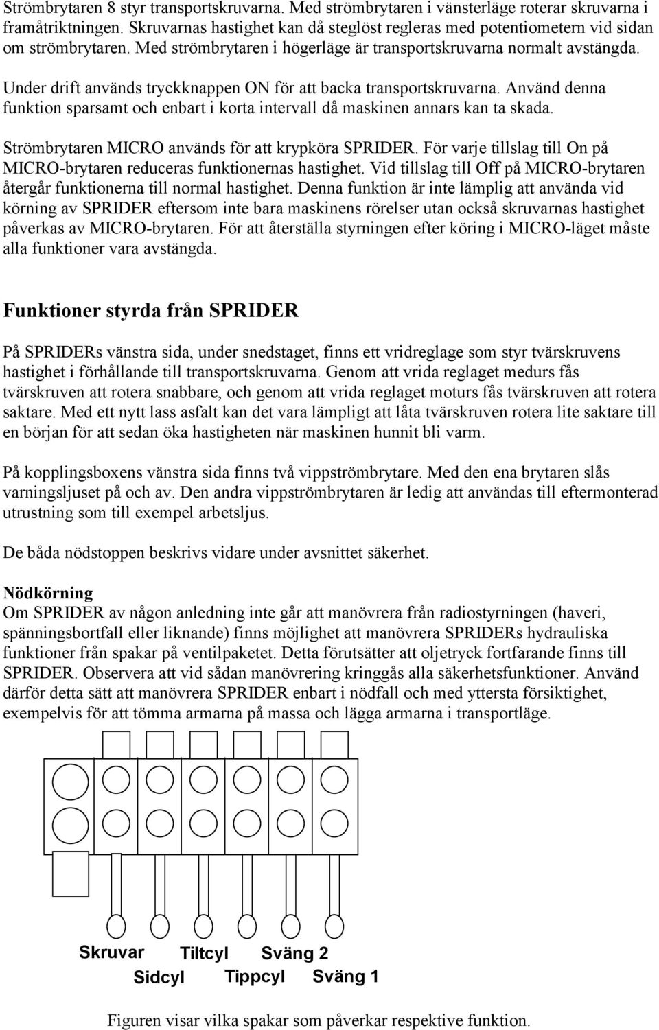 Under drift används tryckknappen ON för att backa transportskruvarna. Använd denna funktion sparsamt och enbart i korta intervall då maskinen annars kan ta skada.