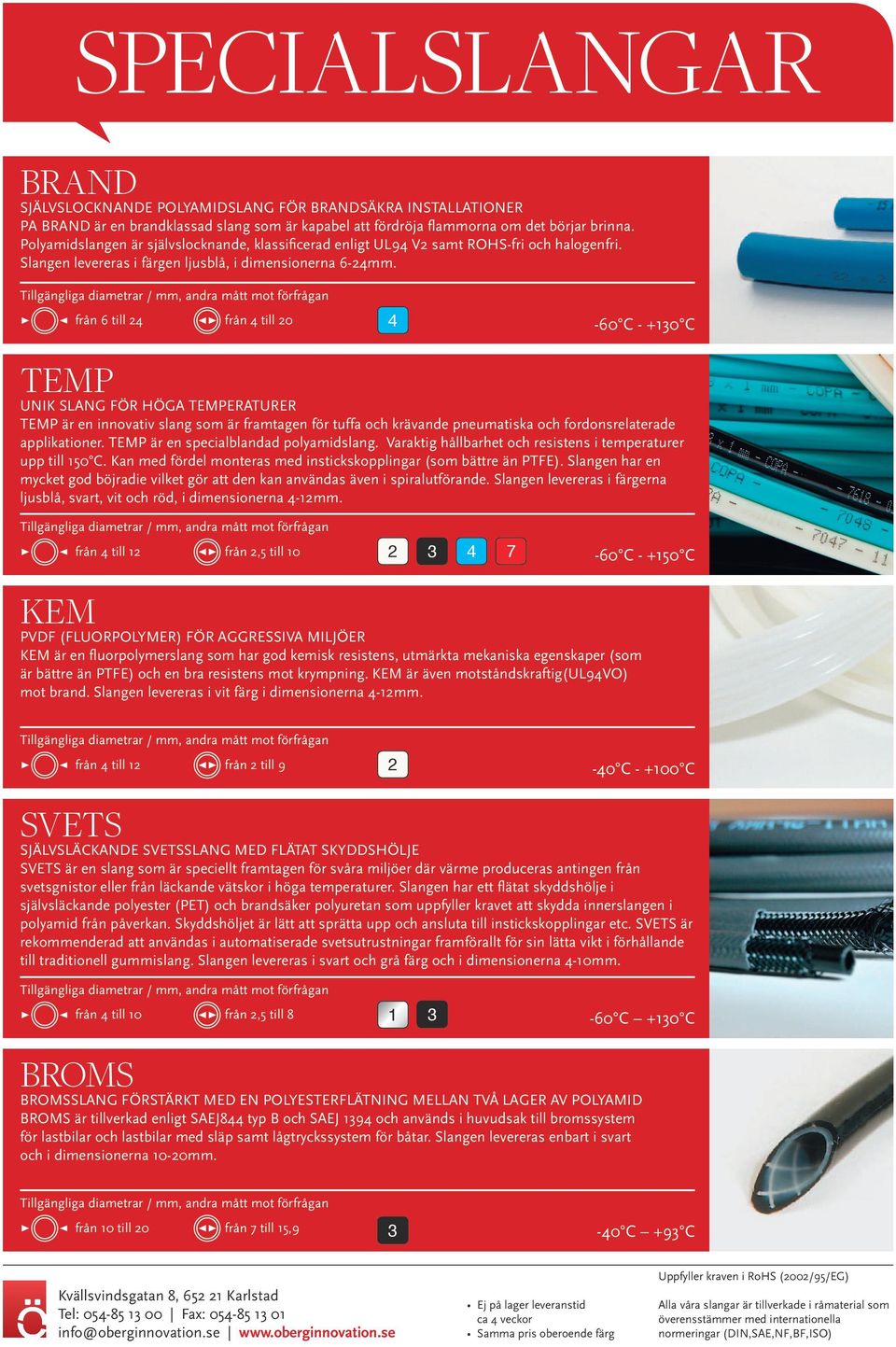 från 6 till 24 från 4 till 20 4 60 C +130 C TEMP UNIK SAN FÖR HÖA TEMPERATURER TEMP är en innovativ slang som är framtagen för tuffa och krävande pneumatiska och fordonsrelaterade applikationer.