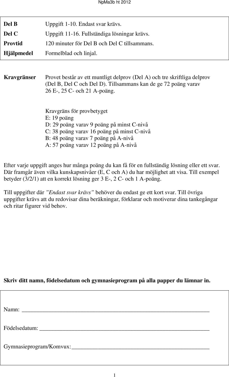 Kravgräns för provbetyget E: 19 poäng D: 29 poäng varav 9 poäng på minst C-nivå C: 38 poäng varav 16 poäng på minst C-nivå B: 48 poäng varav 7 poäng på A-nivå A: 57 poäng varav 12 poäng på A-nivå