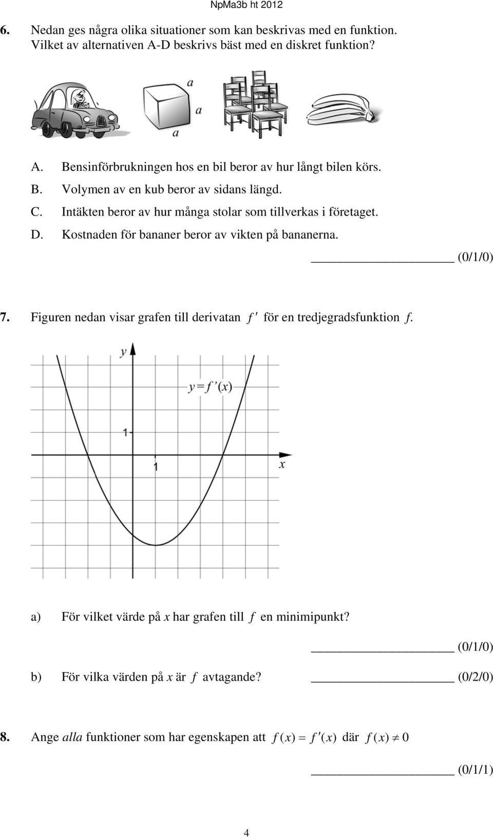 Kostnaden för bananer beror av vikten på bananerna. (0/1/0) 7. Figuren nedan visar grafen till derivatan f för en tredjegradsfunktion f.