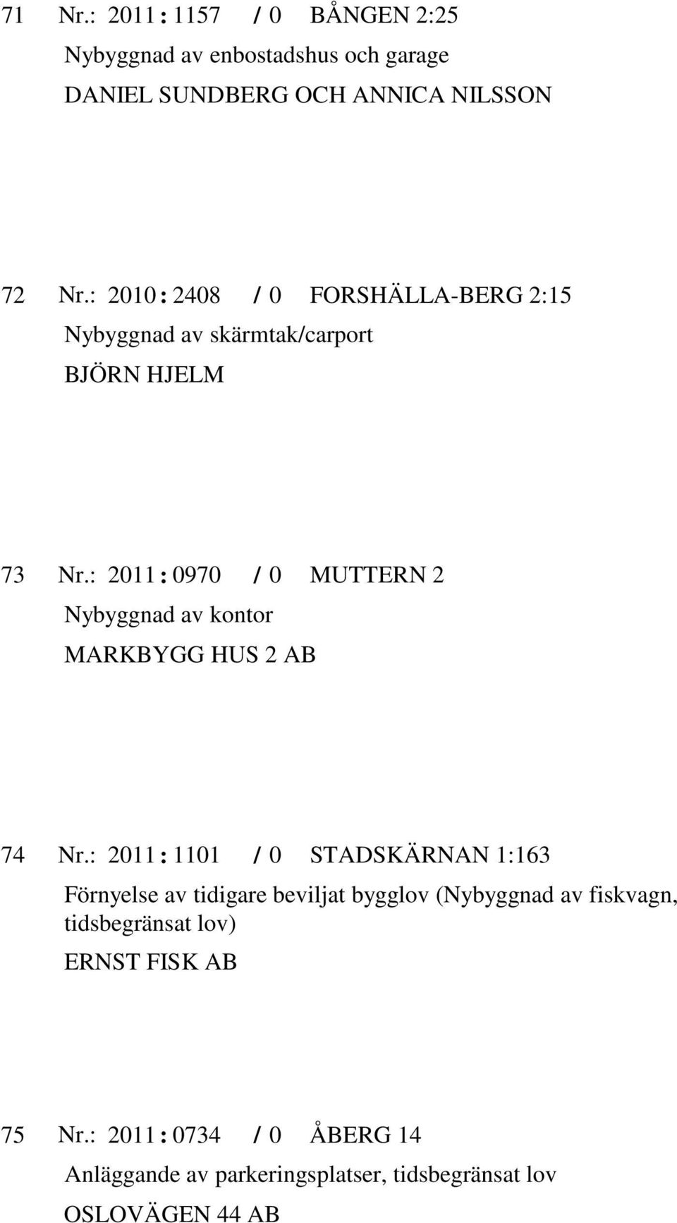 AB MUTTERN 2 74 2011 : 1101 0 ERNST FISK AB STADSKÄRNAN 1:163 Förnyelse av tidigare beviljat bygglov (Nybyggnad av