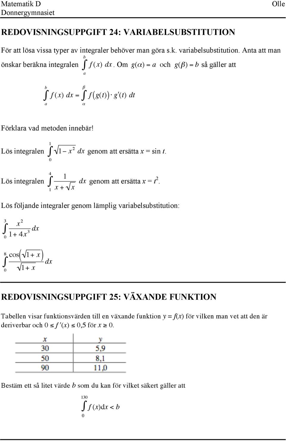 Lös integralen 4 x + x dx genom att ersätta x = t 2.