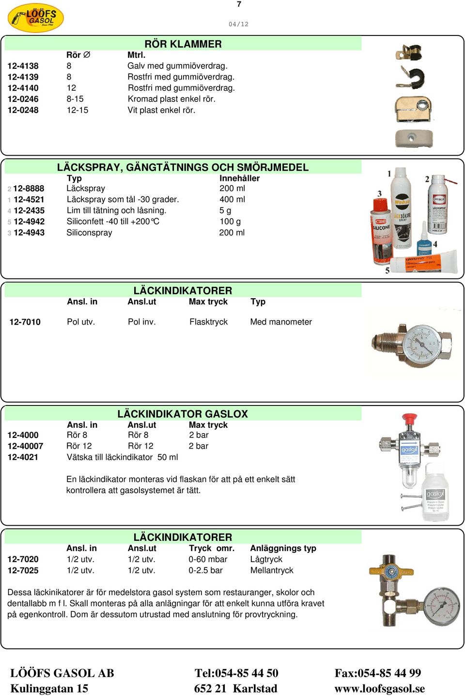 400 ml 4 12-2435 Lim till tätning och låsning. 5 g 5 12-4942 Siliconfett -40 till +200 C 100 g 3 12-4943 Siliconspray 200 ml LÄCKINDIKATORER Ansl. in Ansl.ut Max tryck Typ 12-7010 Pol utv. Pol inv.