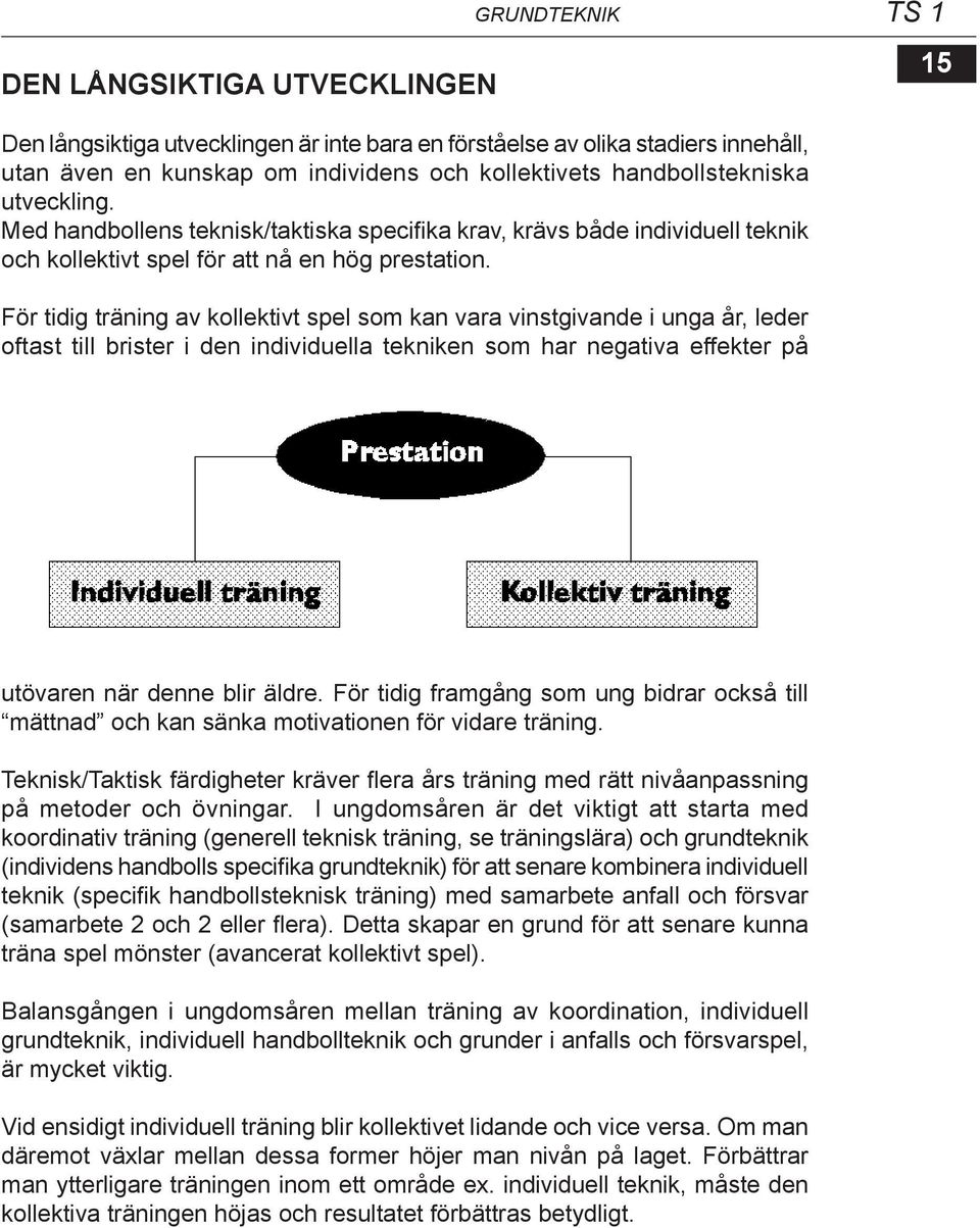 För tidig träning av kollektivt spel som kan vara vinstgivande i unga år, leder oftast till brister i den individuella tekniken som har negativa effekter på utövaren när denne blir äldre.