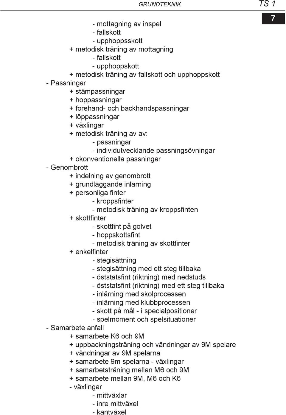 passningar - Genombrott + indelning av genombrott + grundläggande inlärning + personliga finter - kroppsfinter - metodisk träning av kroppsfinten + skottfinter - skottfint på golvet - hoppskottsfint