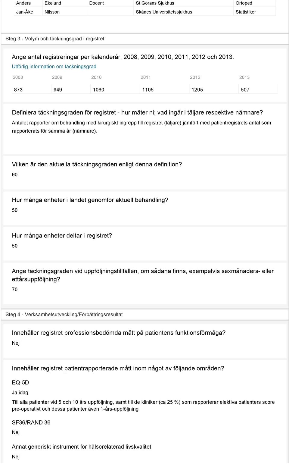 Utförlig information om täckningsgrad 2008 2009 2010 2011 2012 2013 873 949 1060 1105 1205 507 Definiera täckningsgraden för registret - hur mäter ni; vad ingår i täljare respektive nämnare?