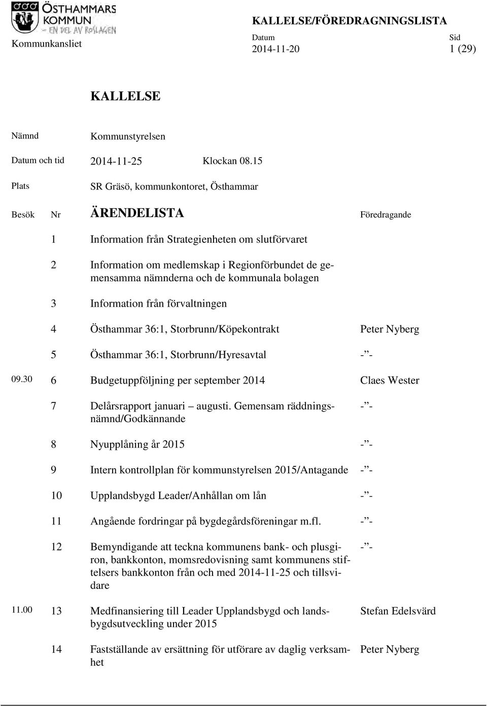 och de kommunala bolagen 3 Information från förvaltningen 4 Östhammar 36:1, Storbrunn/Köpekontrakt Peter Nyberg 5 Östhammar 36:1, Storbrunn/Hyresavtal - - 09.