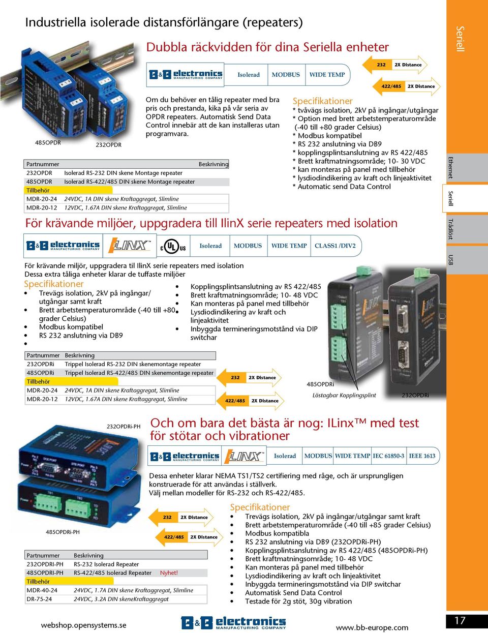 11 WIDE TEMP 232 232 2X Distance 2X Distance 485OPDR 232OPDR Partnummer 232OPDR Isolerad RS-232 DIN skene Montage repeater 485OPDR Isolerad RS-422/485 DIN skene Montage repeater MDR-20-24 24VDC, 1A