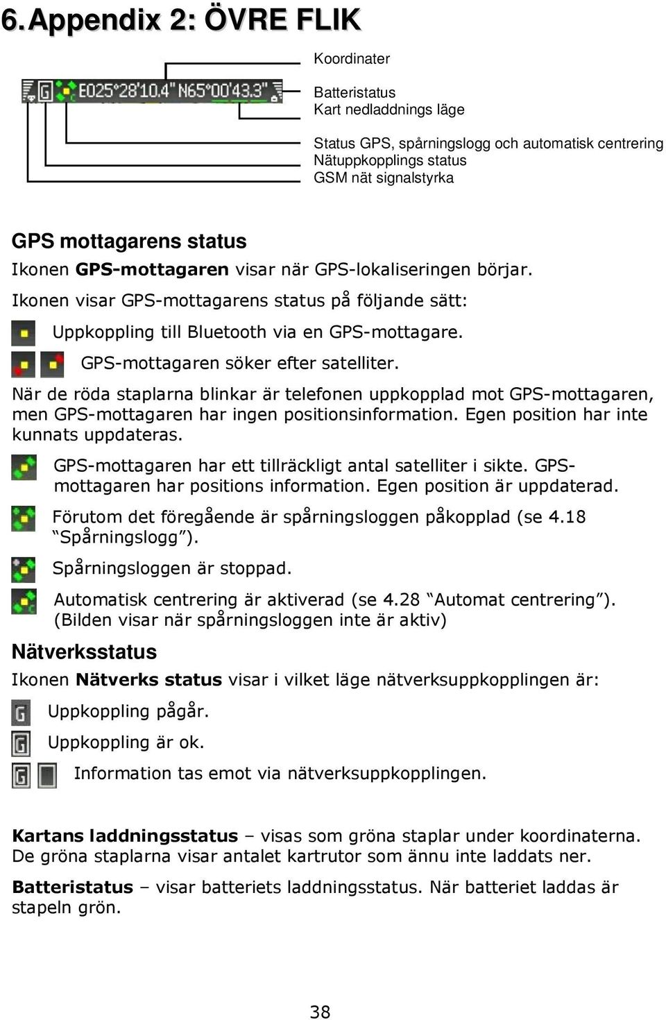 När de röda staplarna blinkar är telefnen uppkpplad mt GPS-mttagaren, men GPS-mttagaren har ingen psitinsinfrmatin. Egen psitin har inte kunnats uppdateras.