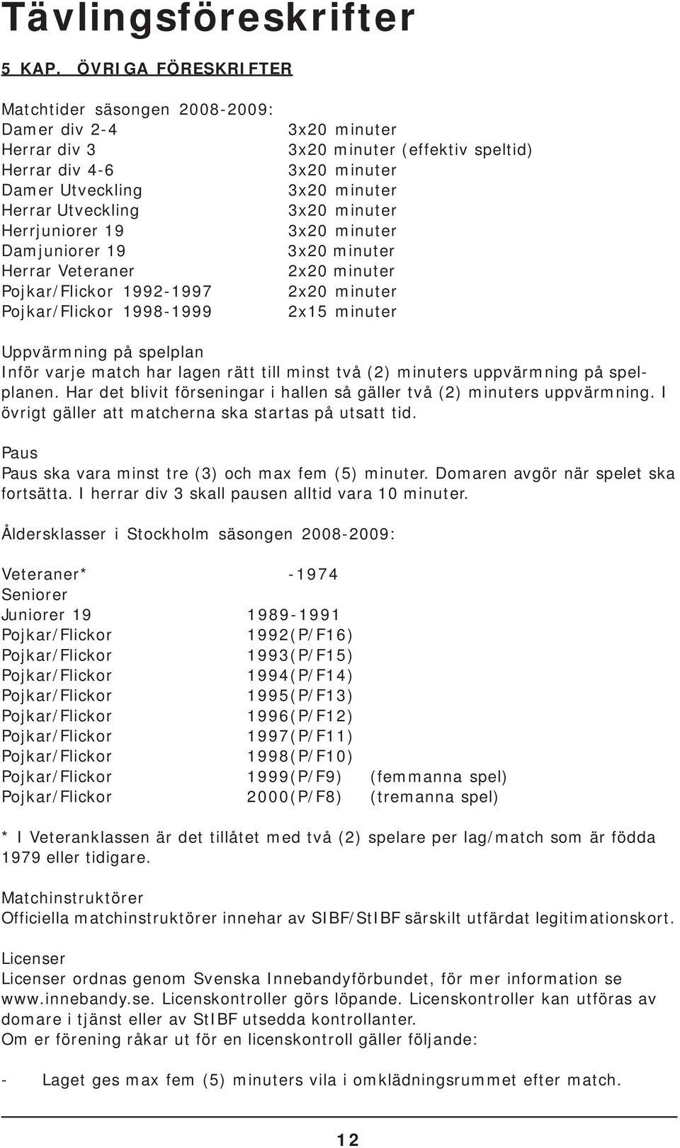 1992-1997 Pojkar/Flickor 1998-1999 3x20 minuter 3x20 minuter (effektiv speltid) 3x20 minuter 3x20 minuter 3x20 minuter 3x20 minuter 3x20 minuter 2x20 minuter 2x20 minuter 2x15 minuter Uppvärmning på