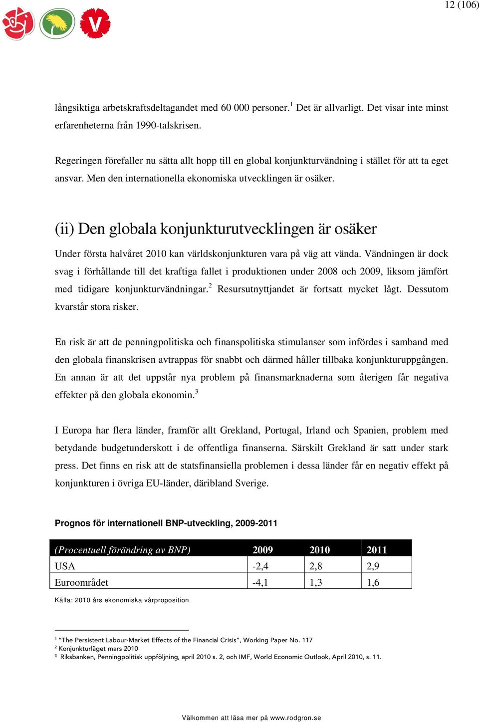 (ii) Den globala konjunkturutvecklingen är osäker Under första halvåret 2010 kan världskonjunkturen vara på väg att vända.