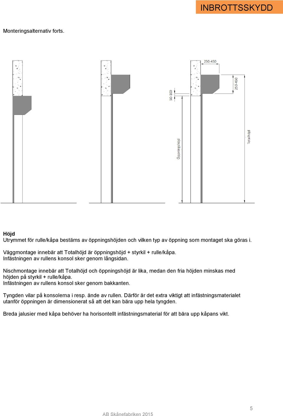 Nischmontage innebär att Totalhöjd och öppningshöjd är lika, medan den fria höjden minskas med höjden på styrkil + rulle/kåpa. Infästningen av rullens konsol sker genom bakkanten.