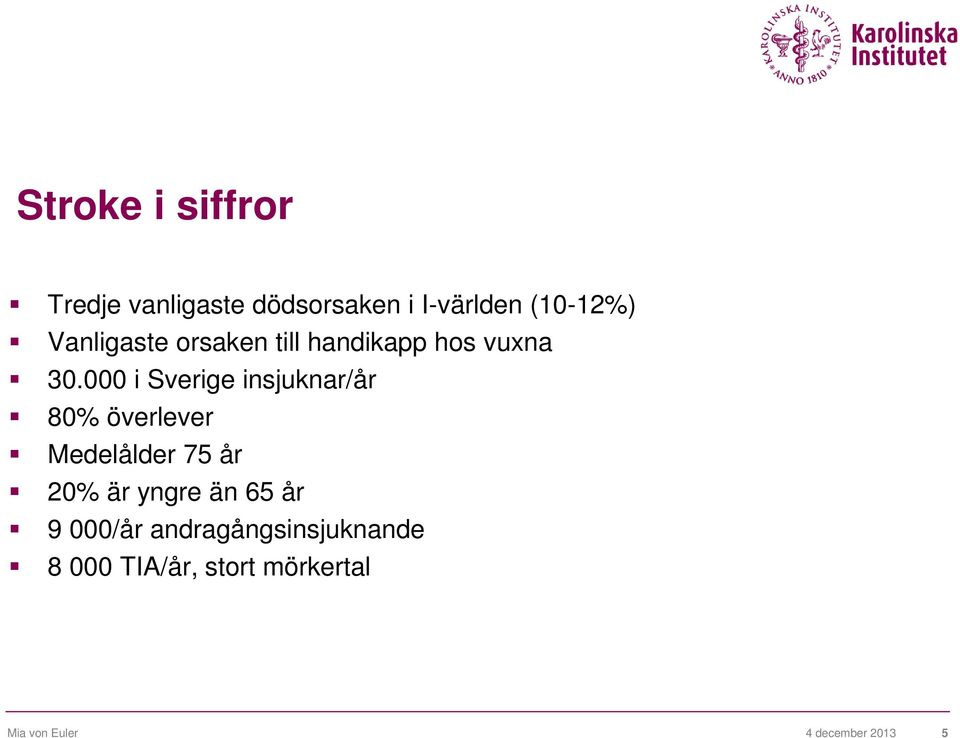 000 i Sverige insjuknar/år 80% överlever Medelålder 75 år 20% är yngre