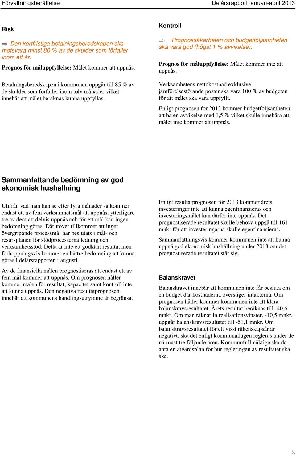 Kontroll Prognossäkerheten och budgetföljsamheten ska vara god (högst 1 % avvikelse). Prognos för måluppfyllelse: Målet kommer inte att uppnås.