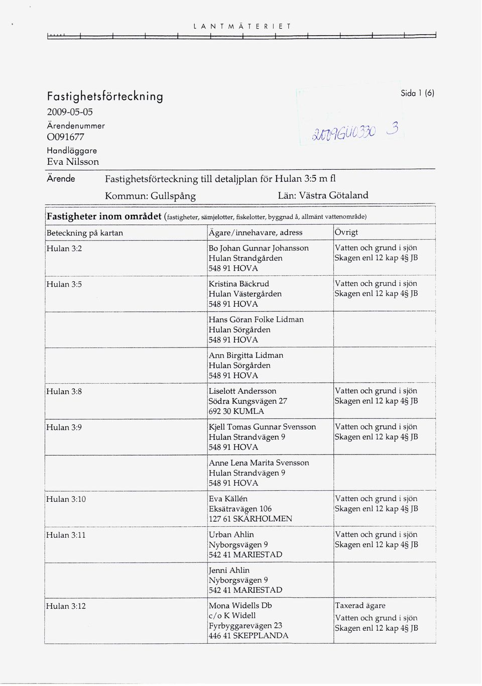 Betecknng på kartan Ägare / nnehavare adress Övrgt Vatten och grund sjön Skagen en 12 kap 4 JB Huan 32 --------------- ----------- r--------------------------------------------- Huan 38 Huan 39 atten