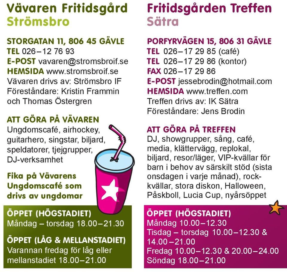se Vävaren drivs av: Strömsbro IF Föreståndare: Kristin Frammin och Thomas Östergren ATT GÖRA PÅ VÄVAREN Ungdomscafé, airhockey, guitarhero, singstar, biljard, speldatorer, tjejgrupper, DJ-verksamhet