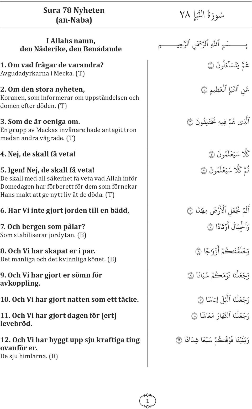 (T) ب سم ٱلل ٱلر ن مح ٱلر ح يم ون ١ س ا ءل ت عم ي ظ يم ٢ إ ٱل ع ب عن ٱنل ل ف ون ٣ ٱل ي ه م ف يه م ت ون veta! ٤ 4. Nej, de skall få ع لم ي ك س 5. Igen! Nej, de skall få veta!