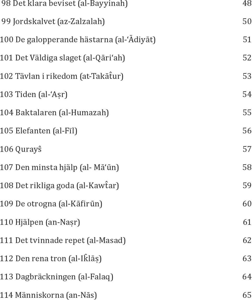 l) 56 106 Qurays 57 107 Den minsta hjälp (al- Māʻūn) 58 108 Det rikliga goda (al-kawt ar) 59 109 De otrogna (al-kāfirūn) 60 110 Hjälpen