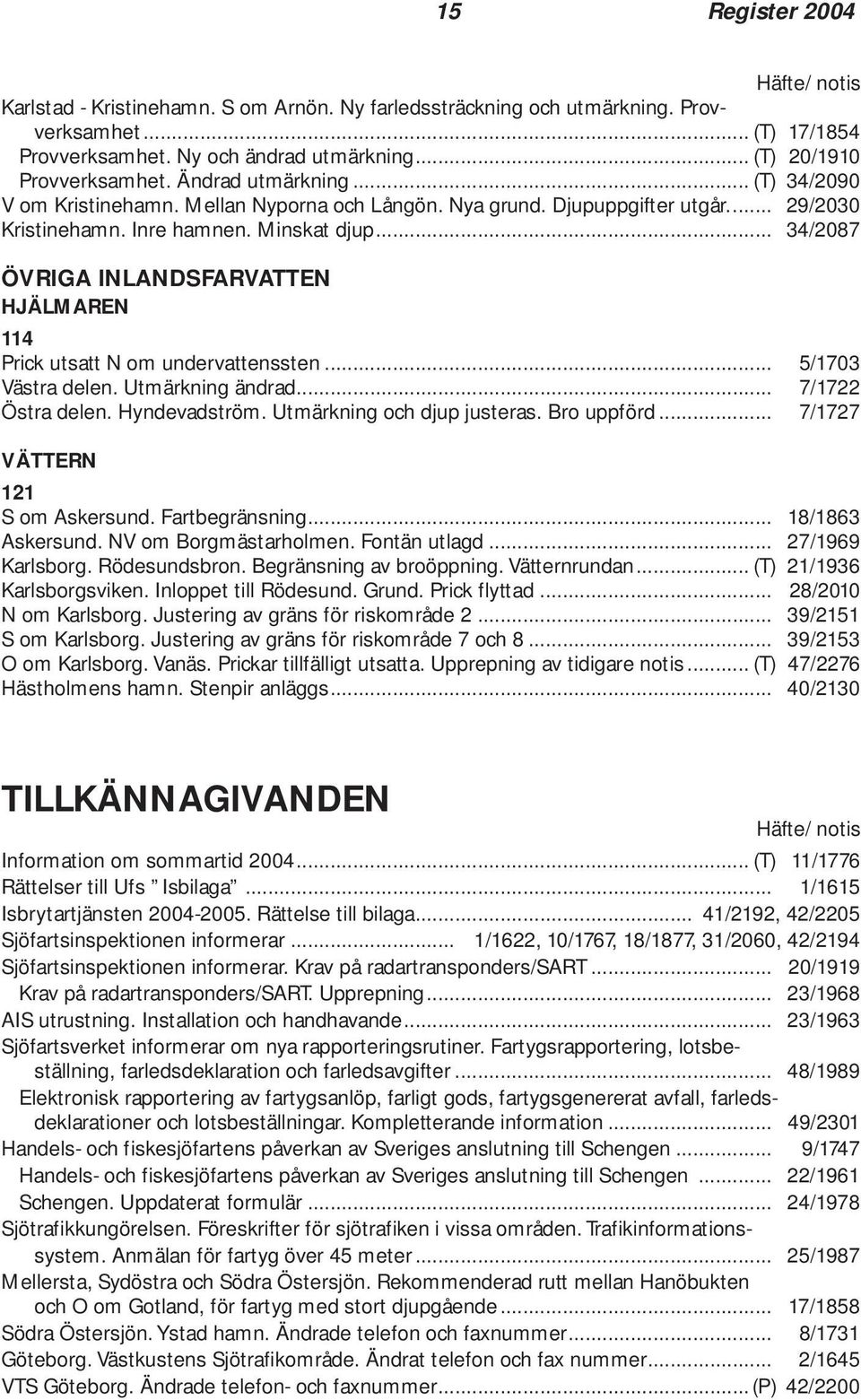 .. 34/2087 ÖVRIGA INLANDSFARVATTEN HJÄLMAREN 114 Prick utsatt N om undervattenssten... 5/1703 Västra delen. Utmärkning ändrad... 7/1722 Östra delen. Hyndevadström. Utmärkning och djup justeras.