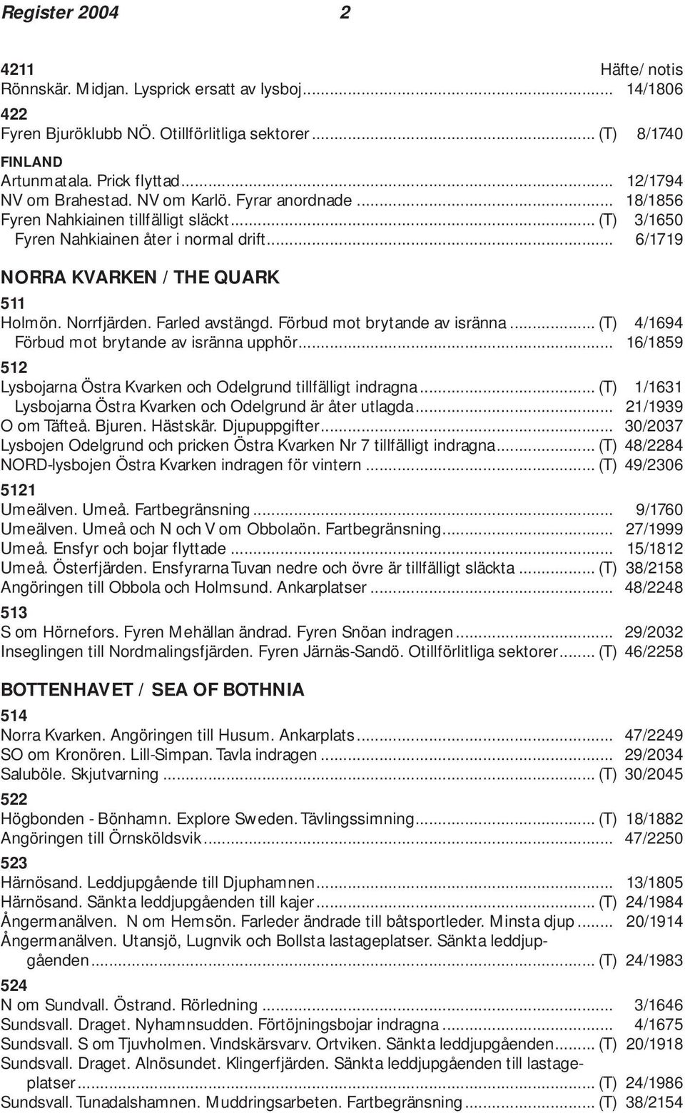 Norrfjärden. Farled avstängd. Förbud mot brytande av isränna... (T) 4/1694 Förbud mot brytande av isränna upphör... 16/1859 512 Lysbojarna Östra Kvarken och Odelgrund tillfälligt indragna.