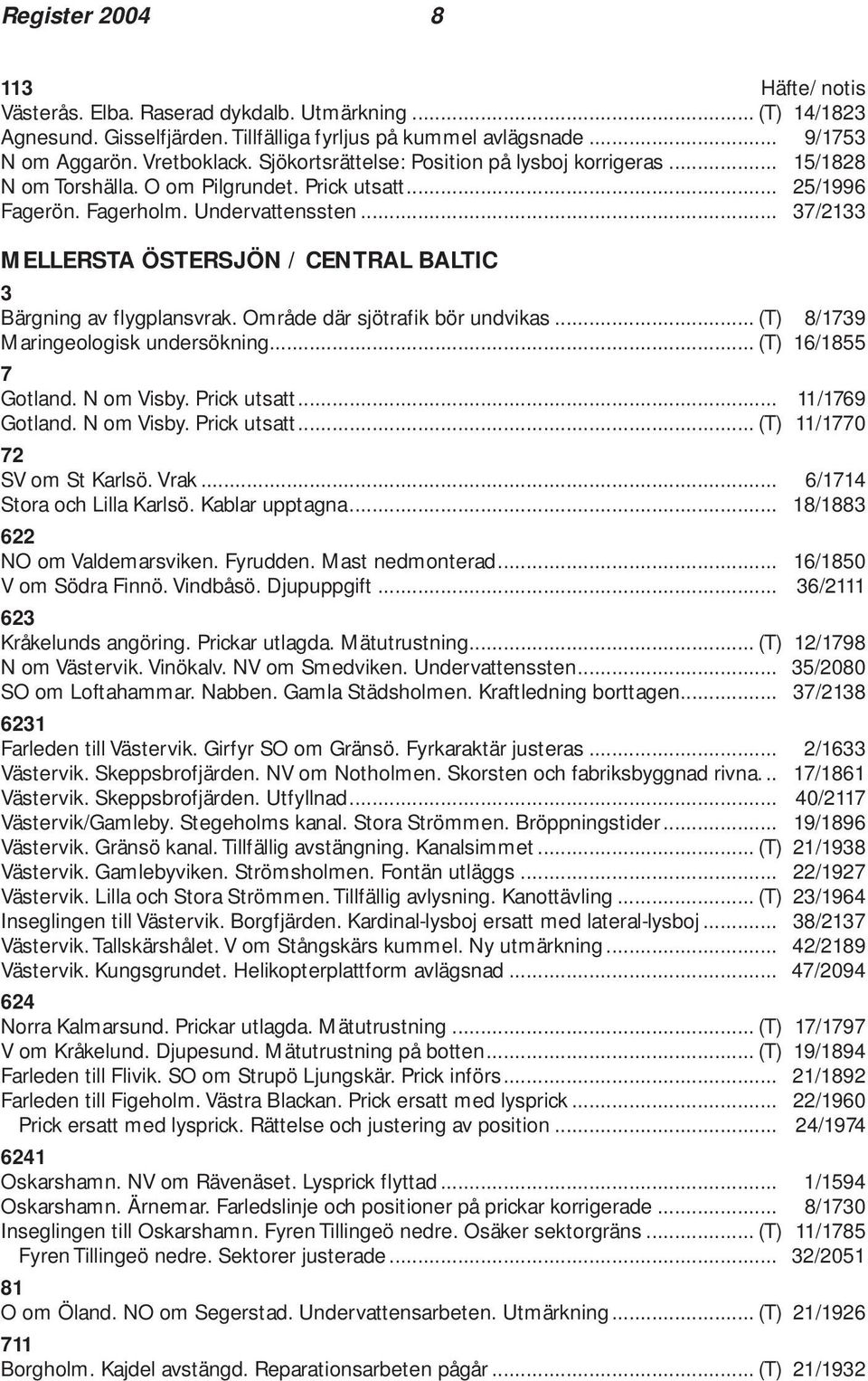 .. 37/2133 MELLERSTA ÖSTERSJÖN / CENTRAL BALTIC 3 Bärgning av flygplansvrak. Område där sjötrafik bör undvikas... (T) 8/1739 Maringeologisk undersökning... (T) 16/1855 7 Gotland. N om Visby.