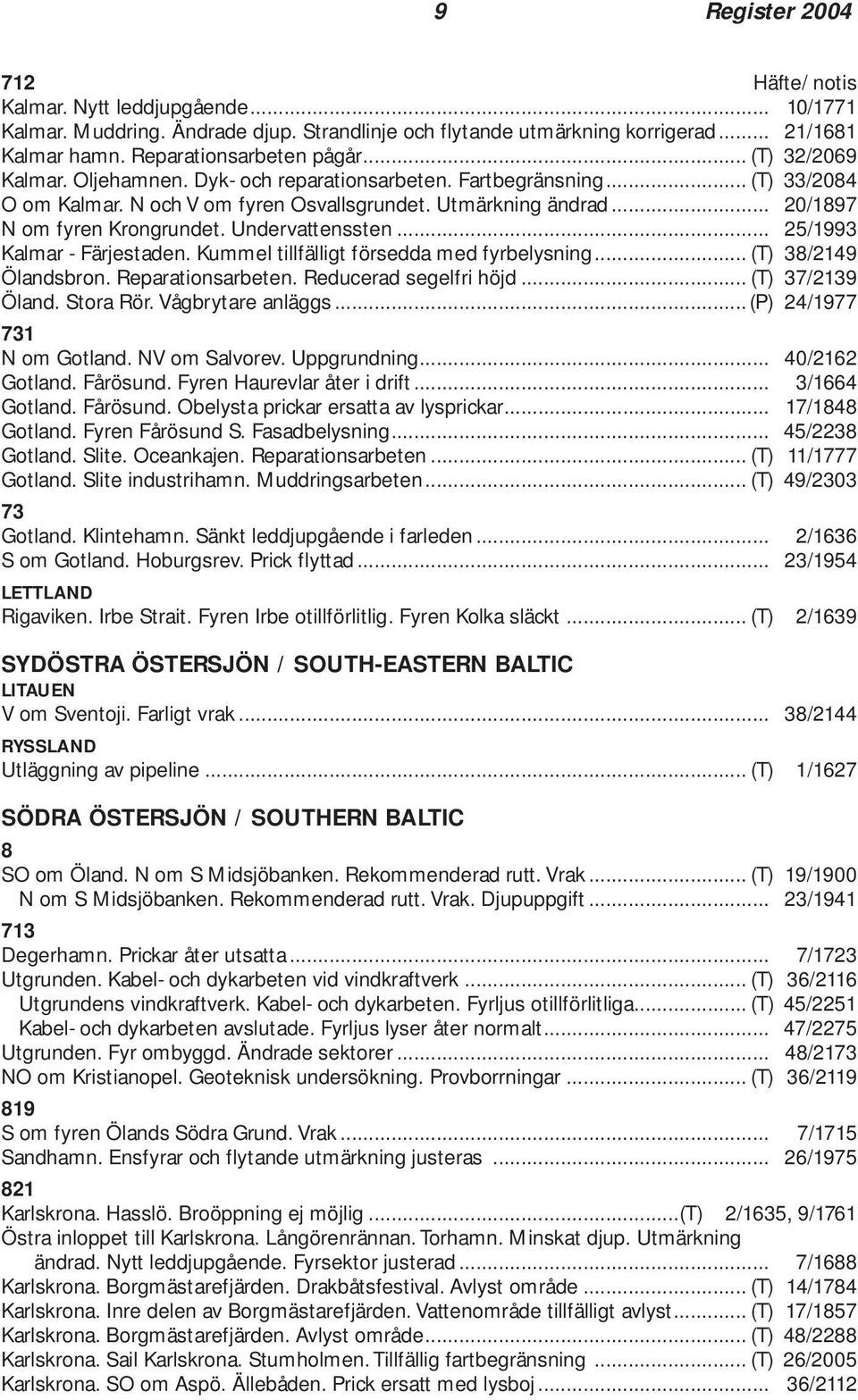 Undervattenssten... 25/1993 Kalmar - Färjestaden. Kummel tillfälligt försedda med fyrbelysning... (T) 38/2149 Ölandsbron. Reparationsarbeten. Reducerad segelfri höjd... (T) 37/2139 Öland. Stora Rör.