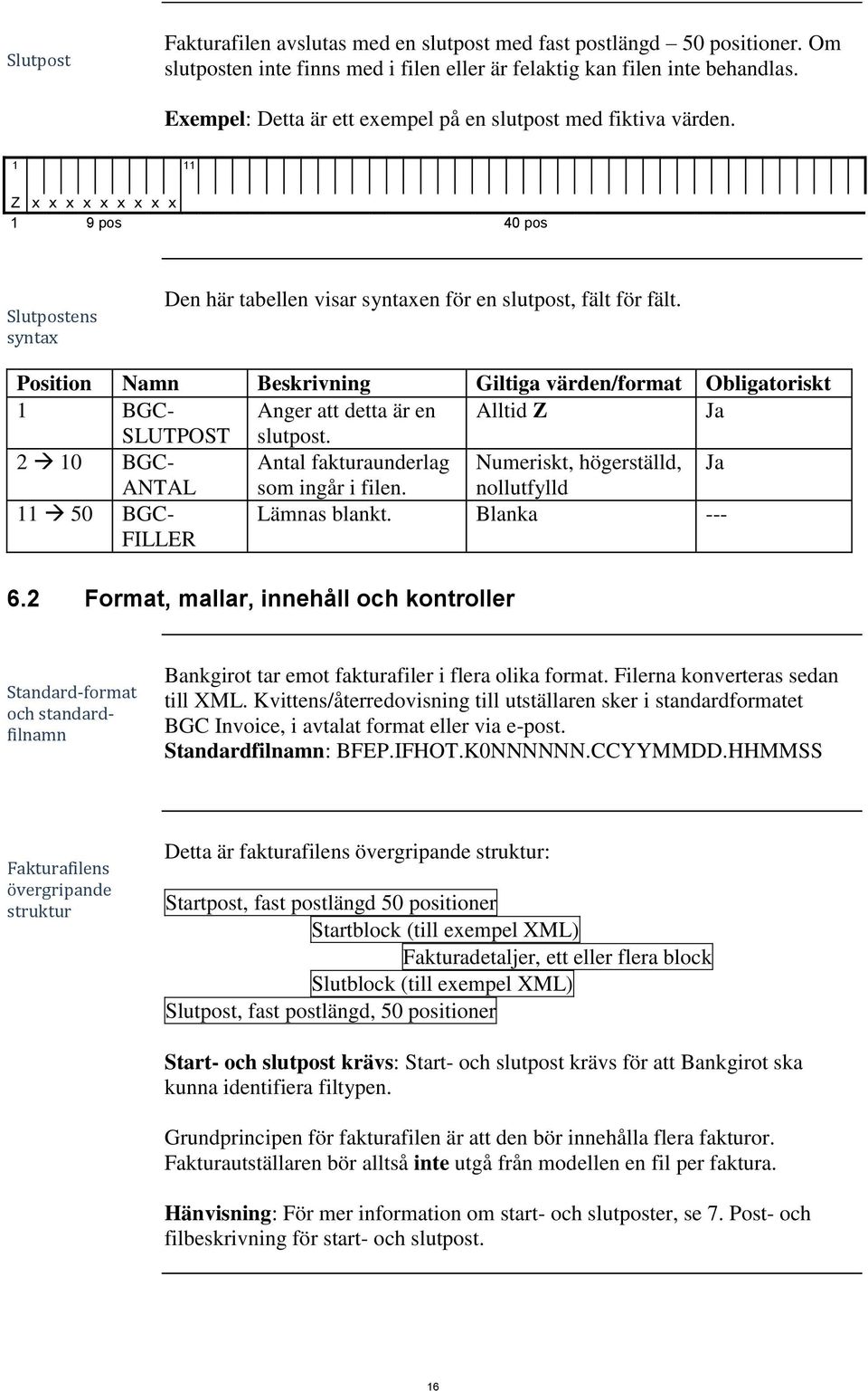 Position Namn Beskrivning Giltiga värden/format Obligatoriskt 1 BGC- Anger att detta är en Alltid Z Ja SLUTPOST slutpost.